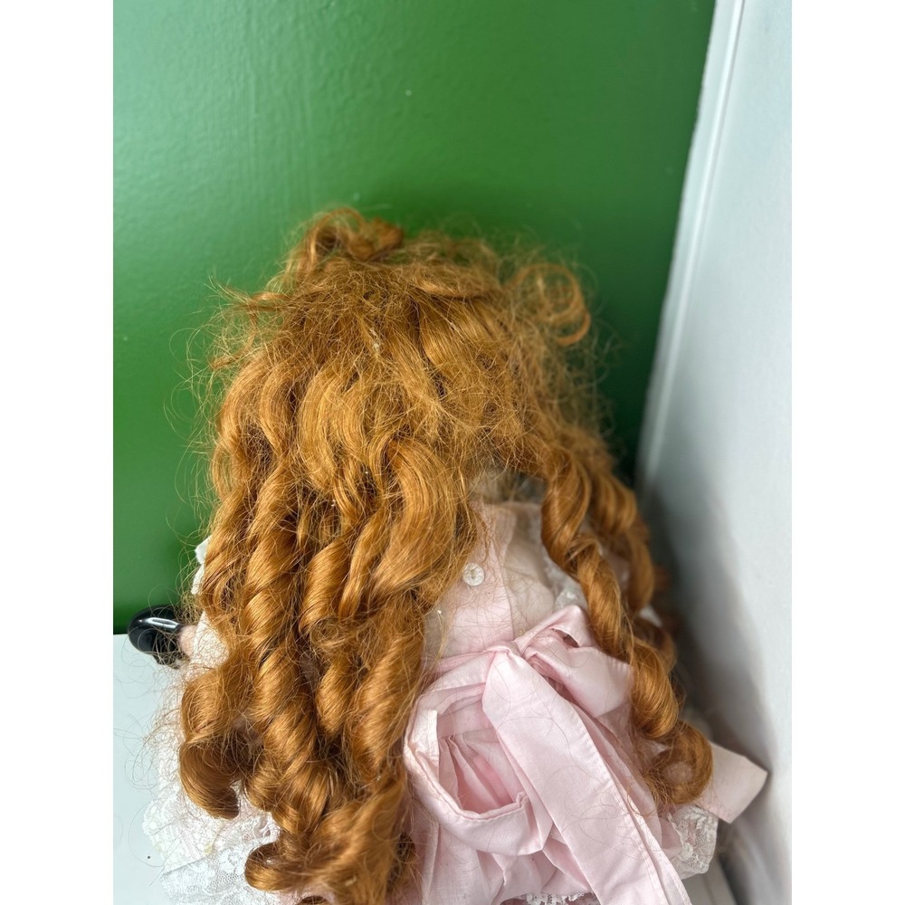 Vintage Porcelain Doll Red Hair Blue Eyes Freckles Pink Lace Dress Victorian - Picture 9 of 9